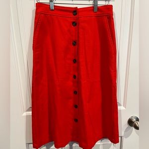 Red linen J Crew factory midi length button up skirt